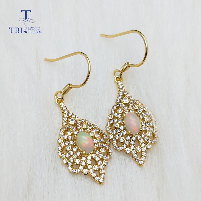 TBJ,  earring with natural ethiopian opal gemstone in 925 sterling silver yellow gold color for women as a birthd gift
