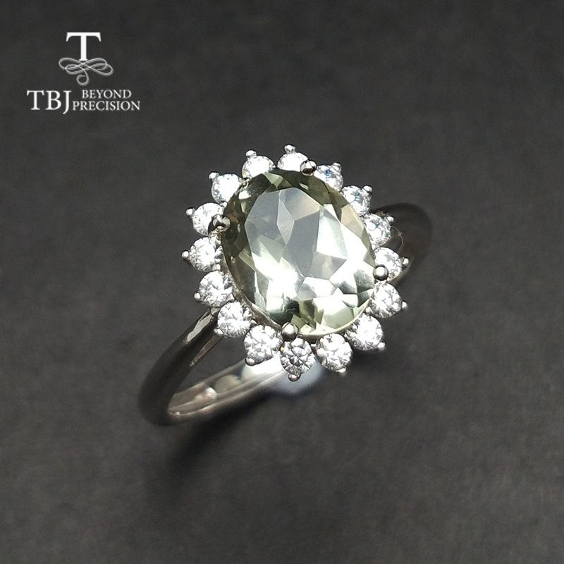 TBJ, s natural green amethyst quartz Diana's ring in 925 sterling silver precious stone jewelry for women with gift box