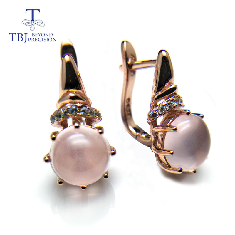 TBJ,Natural Rose quartz round 8mm 4ct gemstone clasp earring 925 sterling silver rose gold for girls daily wear party nice gift