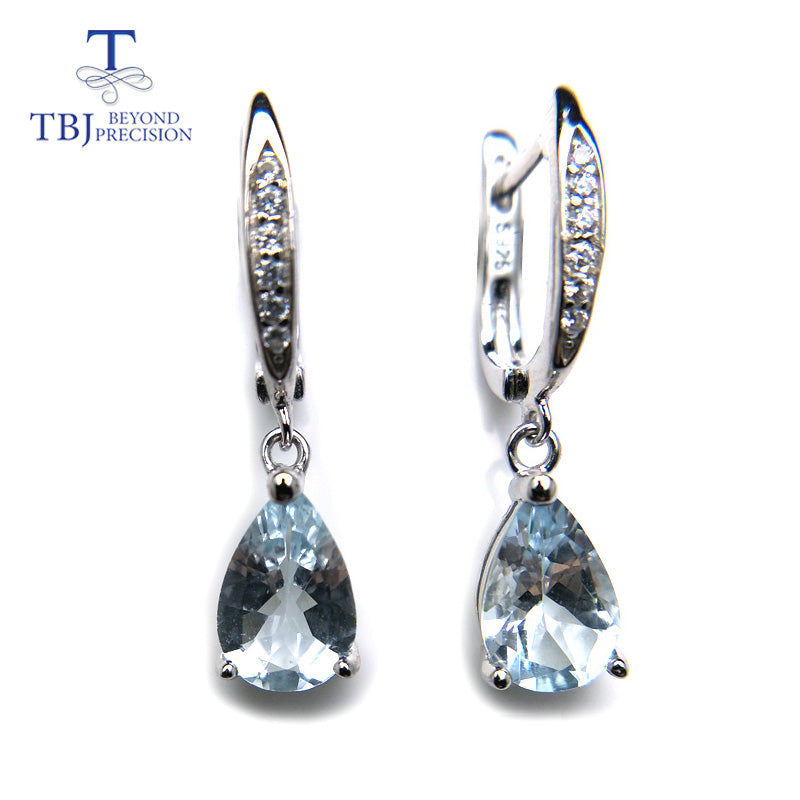TBJ,Natural brazil aquamarine dangle earring in 925 sterling silver small cute simple gemstone jewelry for girls with gift box