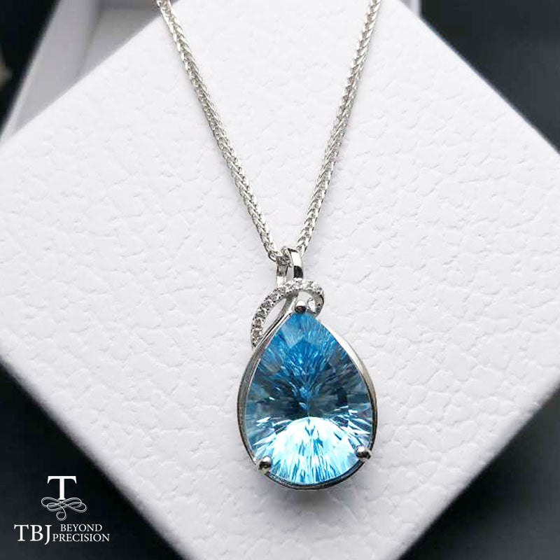 TBJ,Natural topaz pendant with chains,Big 11ct pear 12*16 concave cut blue topaz gemstone necklace in 925 sterling silver