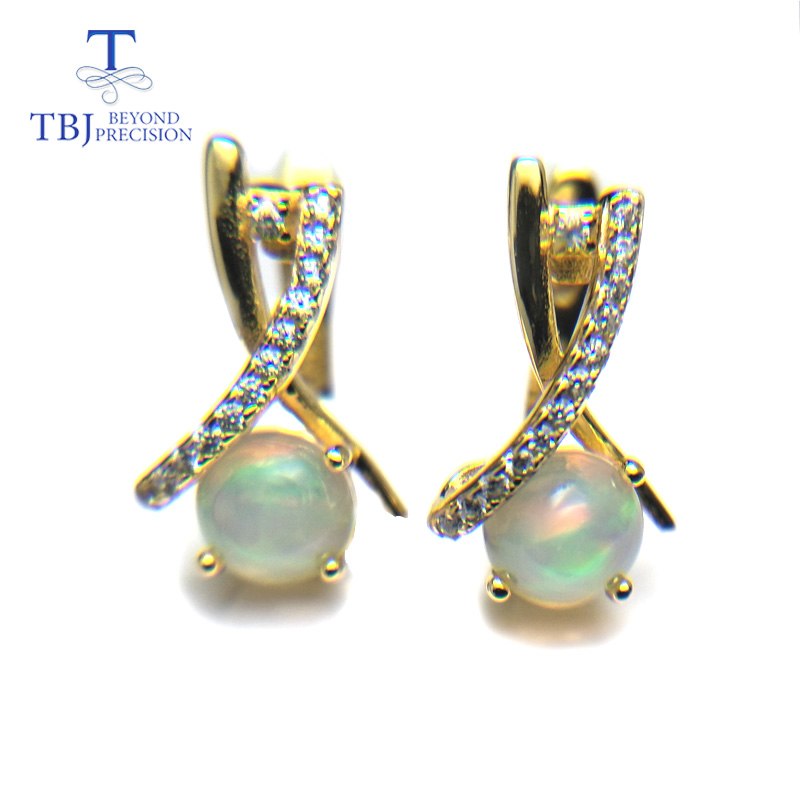 TBJ,New Clasp earring with natural ethiopian opal round 6mm 1.6ct gemstone lovely earring 925 sterling silver for girls with box