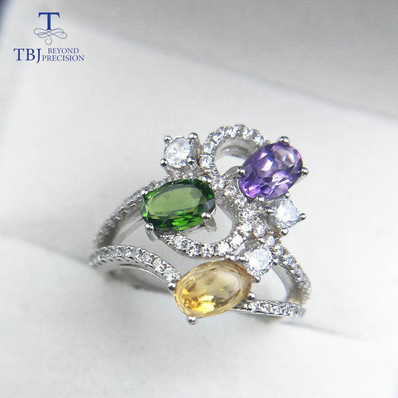 TBJ,New design natural amethyst citrine diopside 3 colors gemstone ring in 925 sterling silver for women & girls with gift box