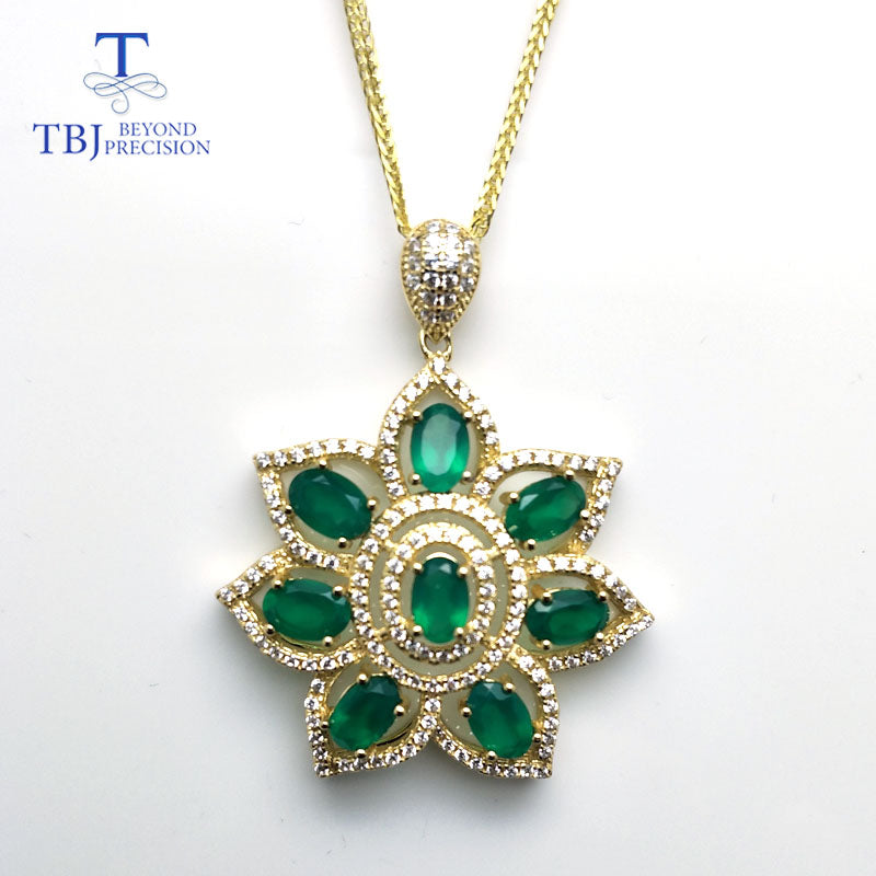 TBJ New petals pendant with Natural green agate gemstone in 925 sterling silver charming jewelry for women mom with gift box