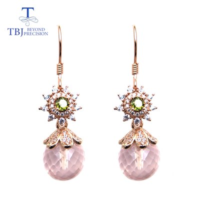 TBJ,New style hook earring natural rose aquatz ball and tourmaline gemstone 925 sterling silver jewelry best gift for lady