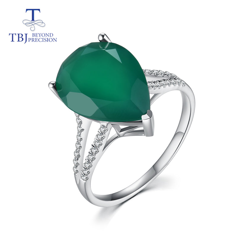 TBJ,Pear shape big size of natural green agate gemstone ring in 925 sterling silver jewelry simple ring for ladies with gift box