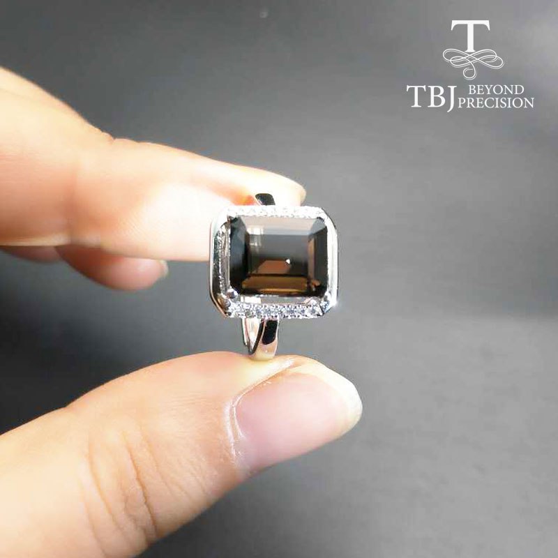 TBJ,Simple and elegant 3ct smoky quartz ring in 925 sterling silver gemstone jewelry,daily wear gemstone ring with gift box