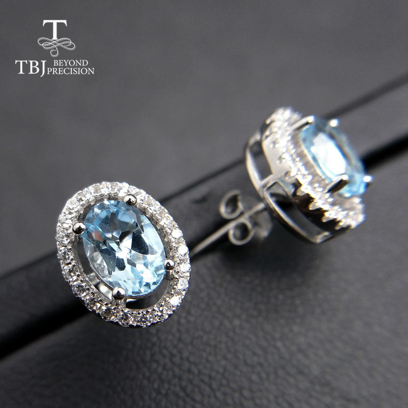 TBJ,Simple shiny small earring with natural sky blue topaz gemstone in 925 sterling silver best gift for women girlfriend lady