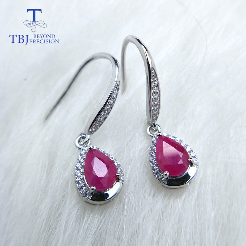 TBJ, Simple small hook earring with natural ruby in 925 sterling silver precious gemstone earring for women lady mom best gift