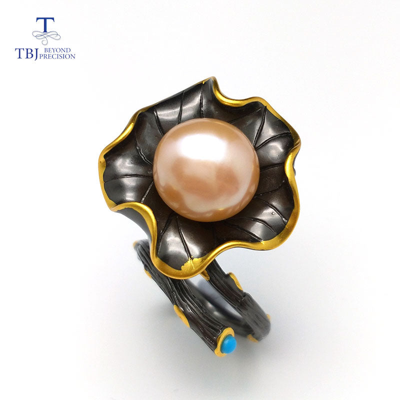 TBJ,Stylish Baroque natural pearl Ring and turquoise in 925 silver black & yellow gold color lotus leaf design for lady