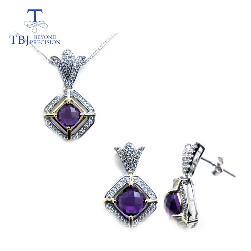 TBJ,The latest silver Jewelry set with africa amethyst pendant and earring for women Girls romantic gift with nice jewelry box