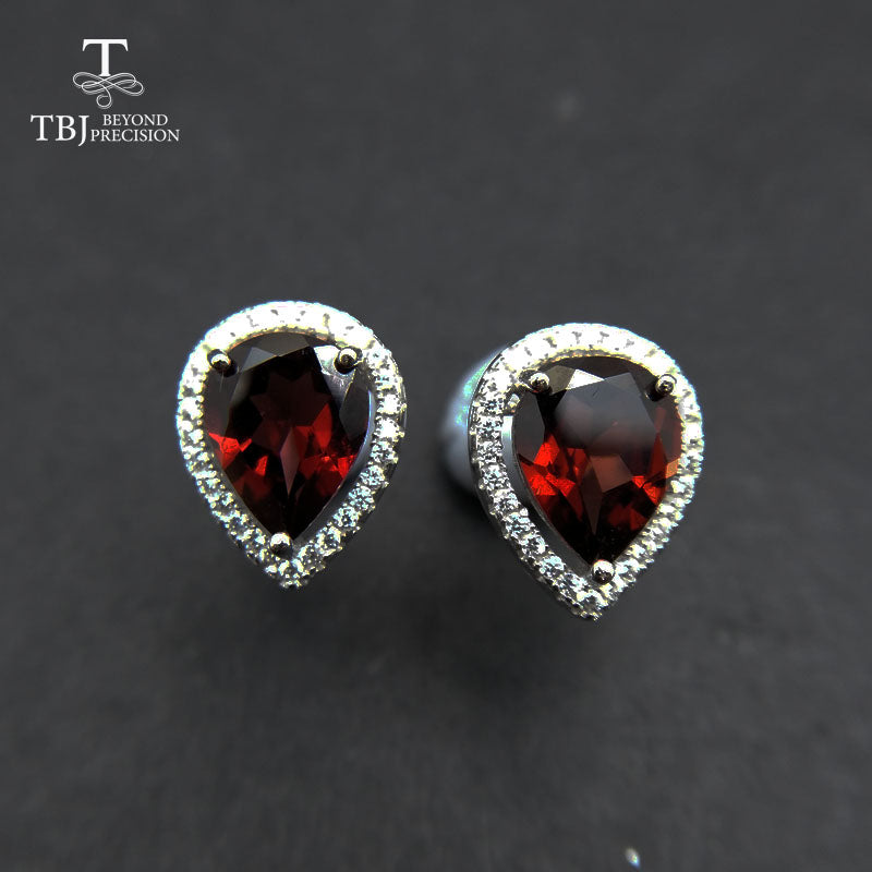 TBJ,VVS Red pear Gemstone Natural Garnet Earrings Stud Genuine 925 Sterling Silver Jewelry for girls with jewelry box