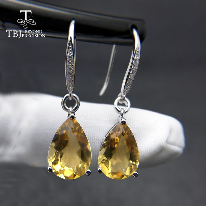 TBJ,Water Drop 5ct Genuine Brazil citrine gemstone Dangle hook Earrings Pure 925 Sterling Silver Fine Jewelry For Women