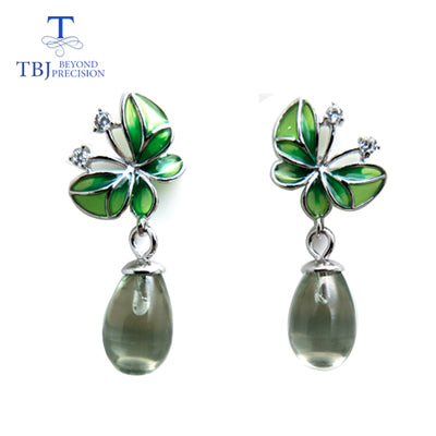 TBJ,Water Drop green amethyst gemstone butterfly shape enamel Earrings Pure 925 Sterling Silver Fine Jewelry or Women party gift