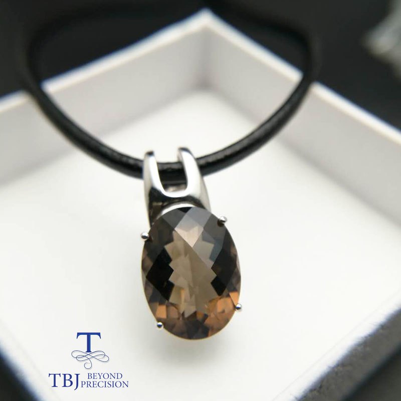 TBJ ,big 100% natural smoky quartz pendants in 925 sterling silver gemstone jewelry,checker cut smoky quartz pendant with chains