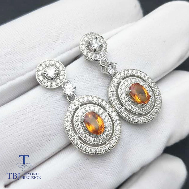 TBJ,classic earring design,natural orange color sapphire earring in 925 sterling silver gemstone jewelry for women with gift box