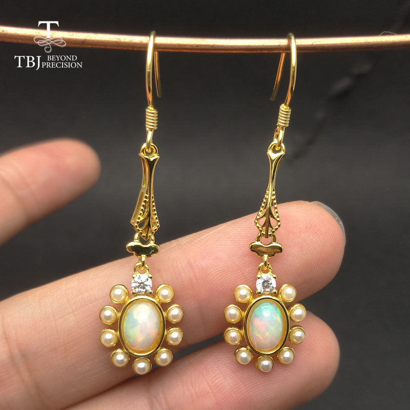TBJ,colorful natural gemstone earring with natural ethiopian opal in 925 sterling silver gold yellow color for women with box