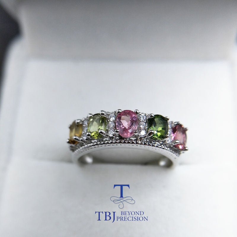 TBJ,elegant classic gemstone Ring with 6pc natural fancy color tourmaline Rings 925 sterling silver for women with jewelry box