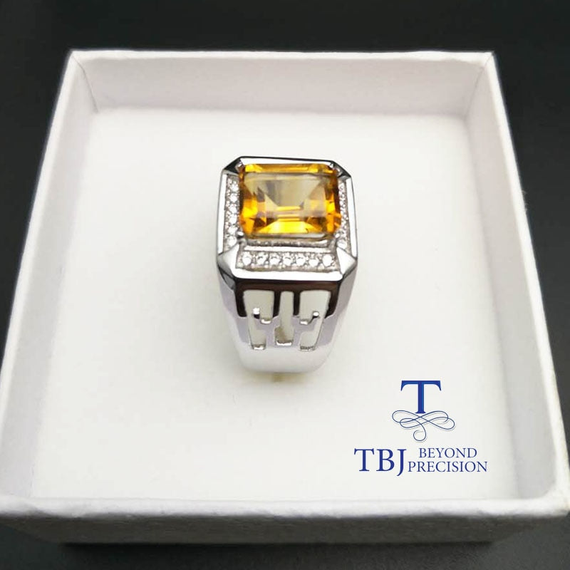 TBJ, emerald cut natural citrine men's ring in 925 sterling silver gemstone jewelry,unisex boyfriend gemstone ring with gift box