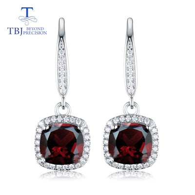 TBJ,natural garnet cushion shape design earring white color in 925 sterling silver gemstone jewelry,simple design earring