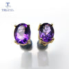 TBJ,natural good luster african amethyst oval 6*8mm 3ct gemstone simple earring in 925 yellow gold color for girls with box