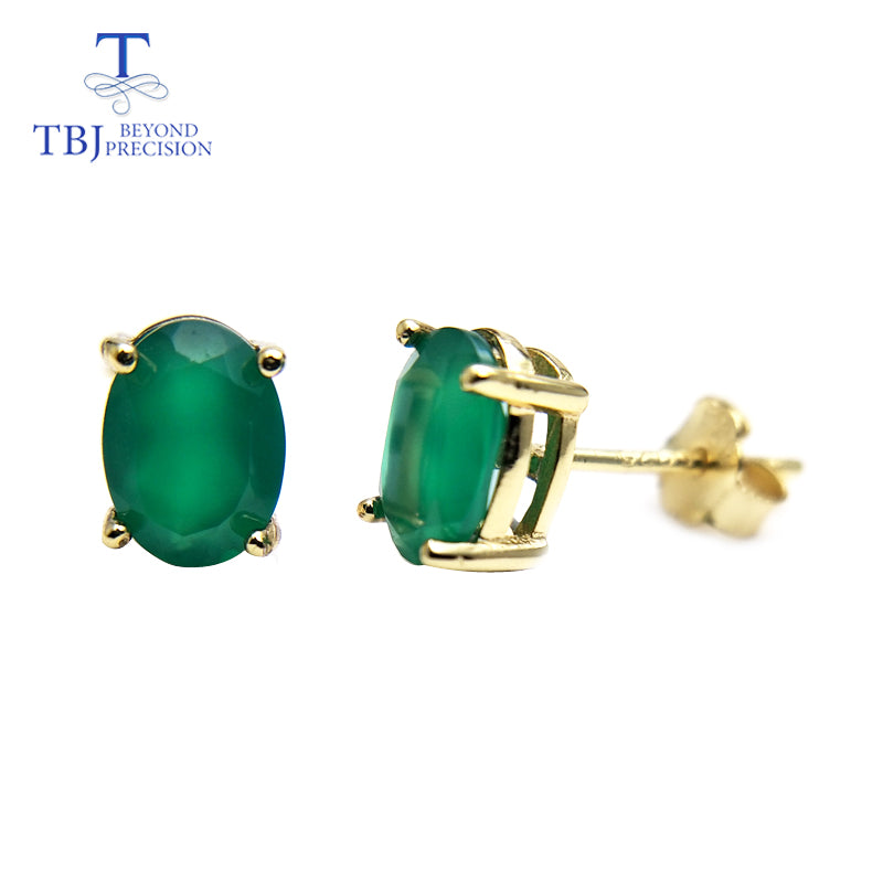 TBJ,natural green agate earring in 925 yellow color sterling silver jewelry simple classic elegant design for women lady gift