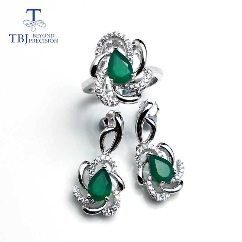 TBJ,natural green agate jewelry set ring and earring in 925 sterling silver excellent flower design for women daily wear as gift