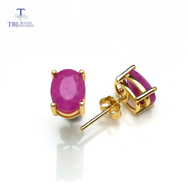 TBJ,natural ruby gemstone simple & classic design earring in 925 sterling silver yellow gold color best gift for girls & women