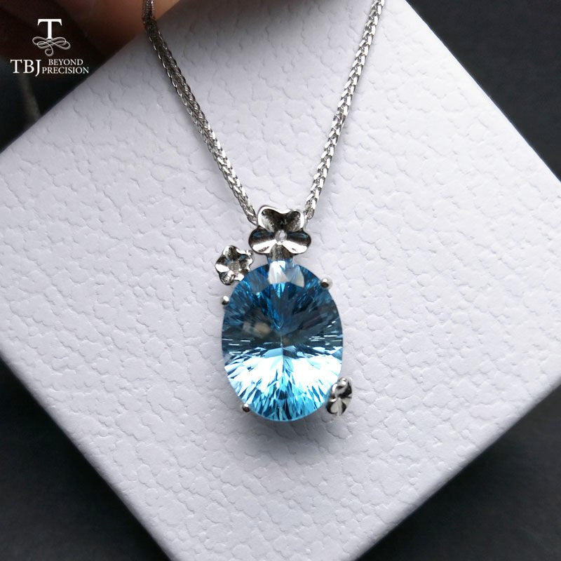TBJ,romantic pendant in 925 sterling silver with nautral sky blue topaz concave cut gemstone necklace for women with gift box