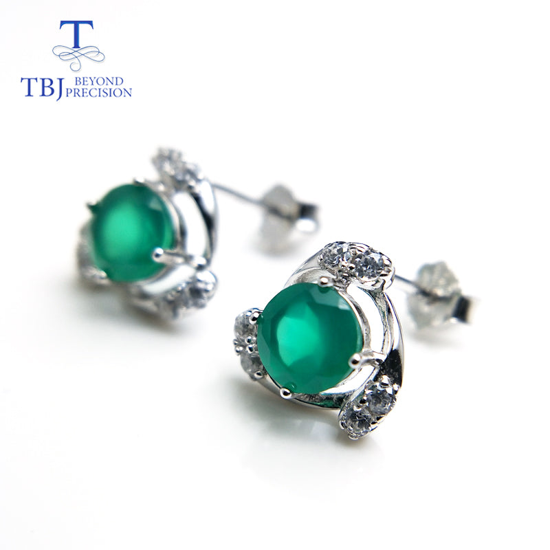 TBJ,shiny earring with natural green agate in 925 sterling silver jewelry simple classic elegant design for women lady gift