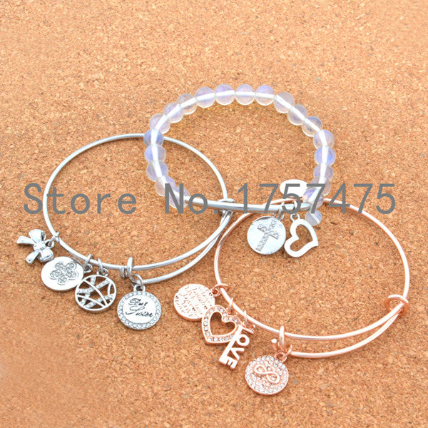 Newest Rose Gold Wire Bangle with Infinity/Bowknot/Cross Charms Expandable Bracelet for Women Jewelry Gift 3Pcs/Set