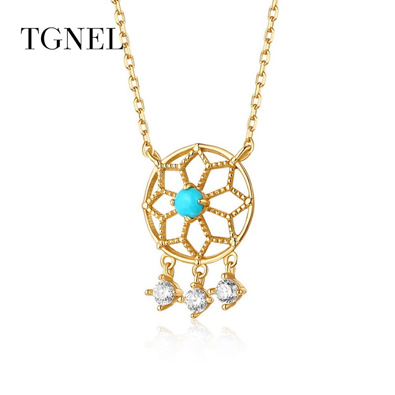 S925 Sterling Silver Necklace Pendants Hollow Gold Color Turquoise Fine Jewelry 2020 New Choker for Women