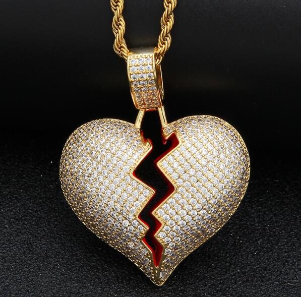 Broken Heart CZ Pendant Tennis Chain Iced Out Cubic Zirconia Gold Silver Men's Hiphop Jewelry For Gift