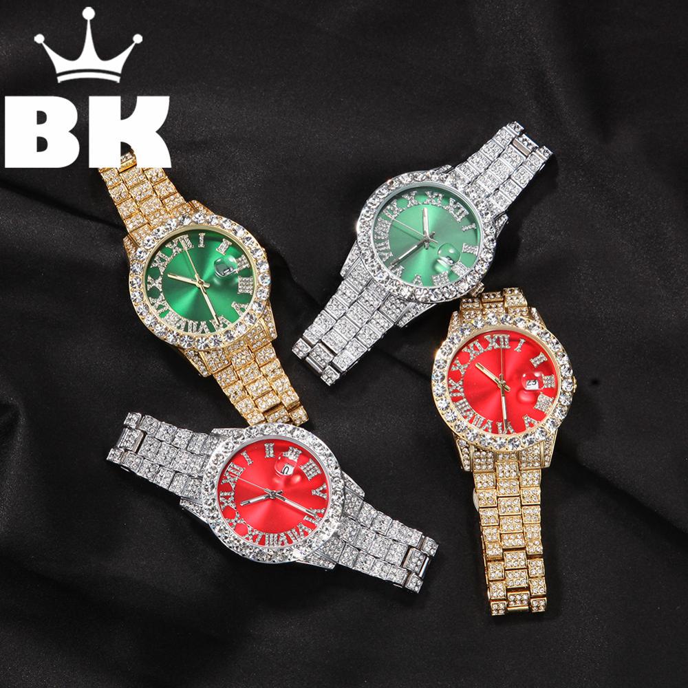 THE HIP HOP Big Dial Full Iced Out Colored Watches Stainless Steel  Rhinestones Quartz Wristwatches Business Watch