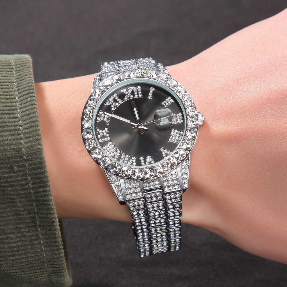 THE HIP HOP Big Dial Full Iced Out Colored Watches Stainless Steel  Rhinestones Quartz Wristwatches Business Watch