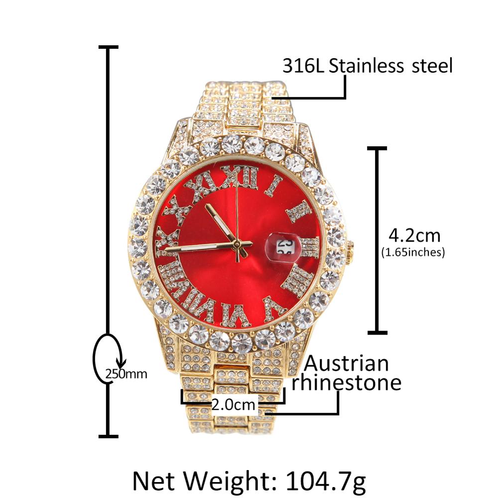 THE HIP HOP Big Dial Full Iced Out Colored Watches Stainless Steel  Rhinestones Quartz Wristwatches Business Watch