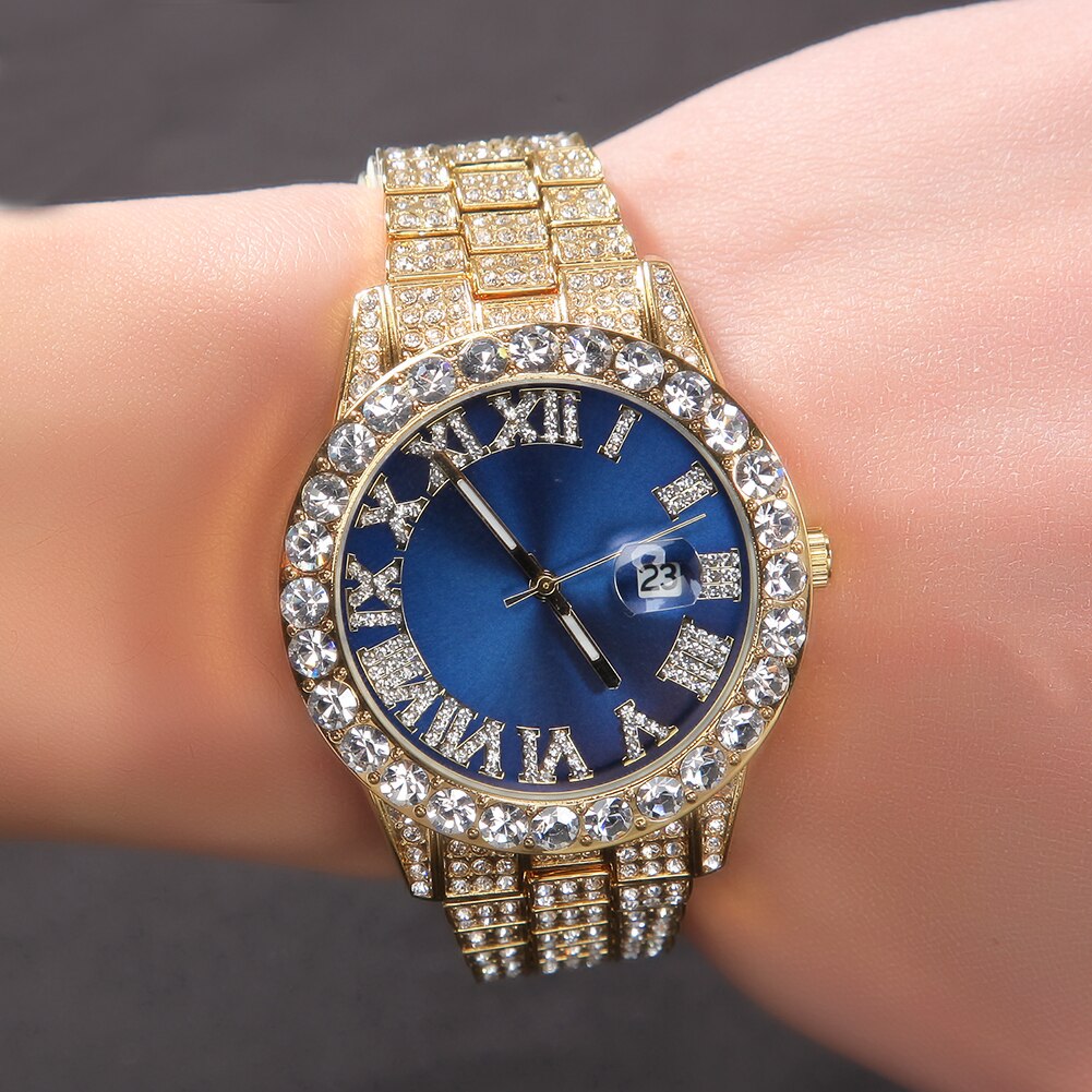 THE HIP HOP Big Dial Full Iced Out Colored Watches Stainless Steel  Rhinestones Quartz Wristwatches Business Watch