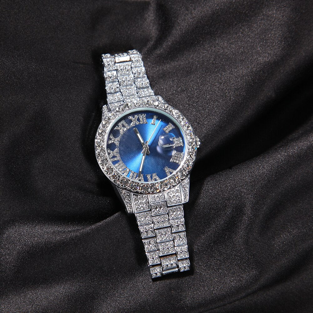 THE HIP HOP Big Dial Full Iced Out Colored Watches Stainless Steel  Rhinestones Quartz Wristwatches Business Watch