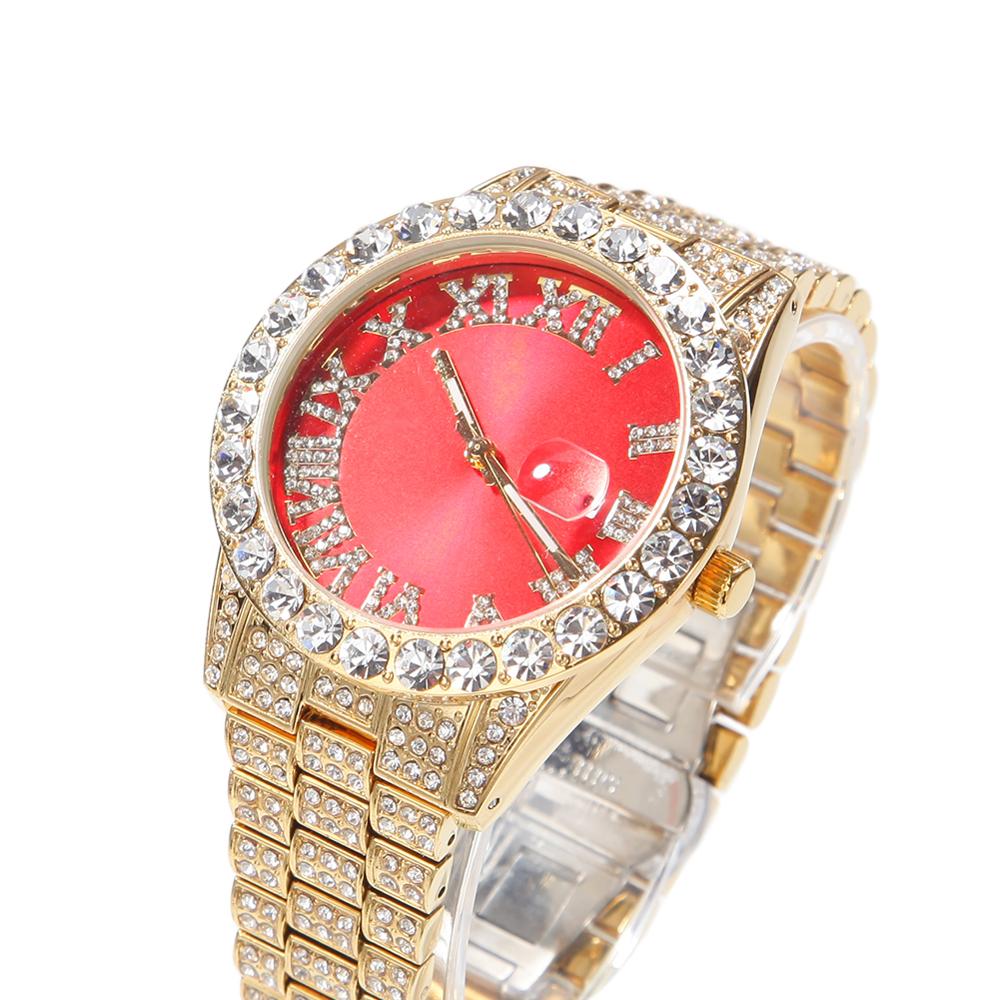 THE HIP HOP Big Dial Full Iced Out Colored Watches Stainless Steel  Rhinestones Quartz Wristwatches Business Watch
