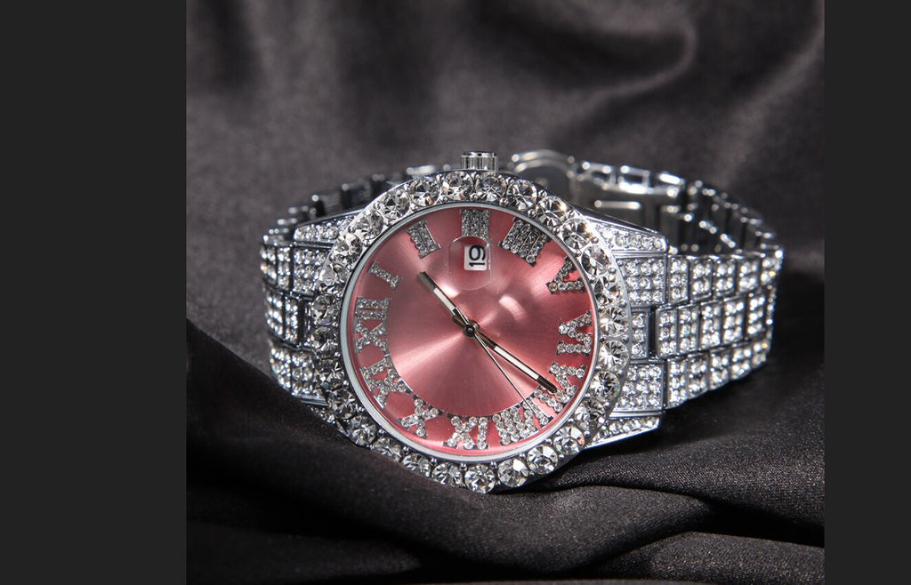 THE HIP HOP Big Dial Full Iced Out Colored Watches Stainless Steel  Rhinestones Quartz Wristwatches Business Watch