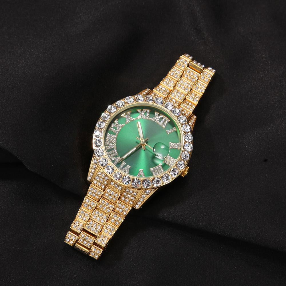 THE HIP HOP Big Dial Full Iced Out Colored Watches Stainless Steel  Rhinestones Quartz Wristwatches Business Watch