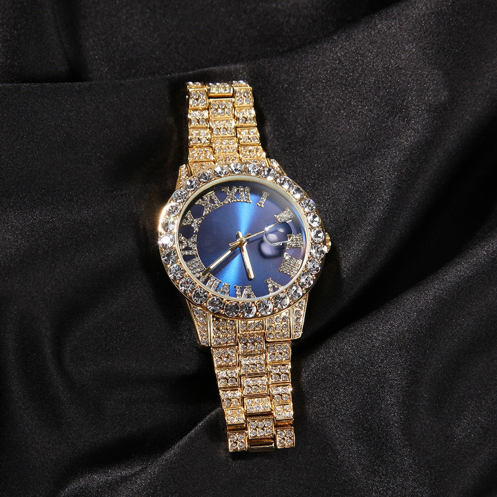 THE HIP HOP Big Dial Full Iced Out Colored Watches Stainless Steel  Rhinestones Quartz Wristwatches Business Watch