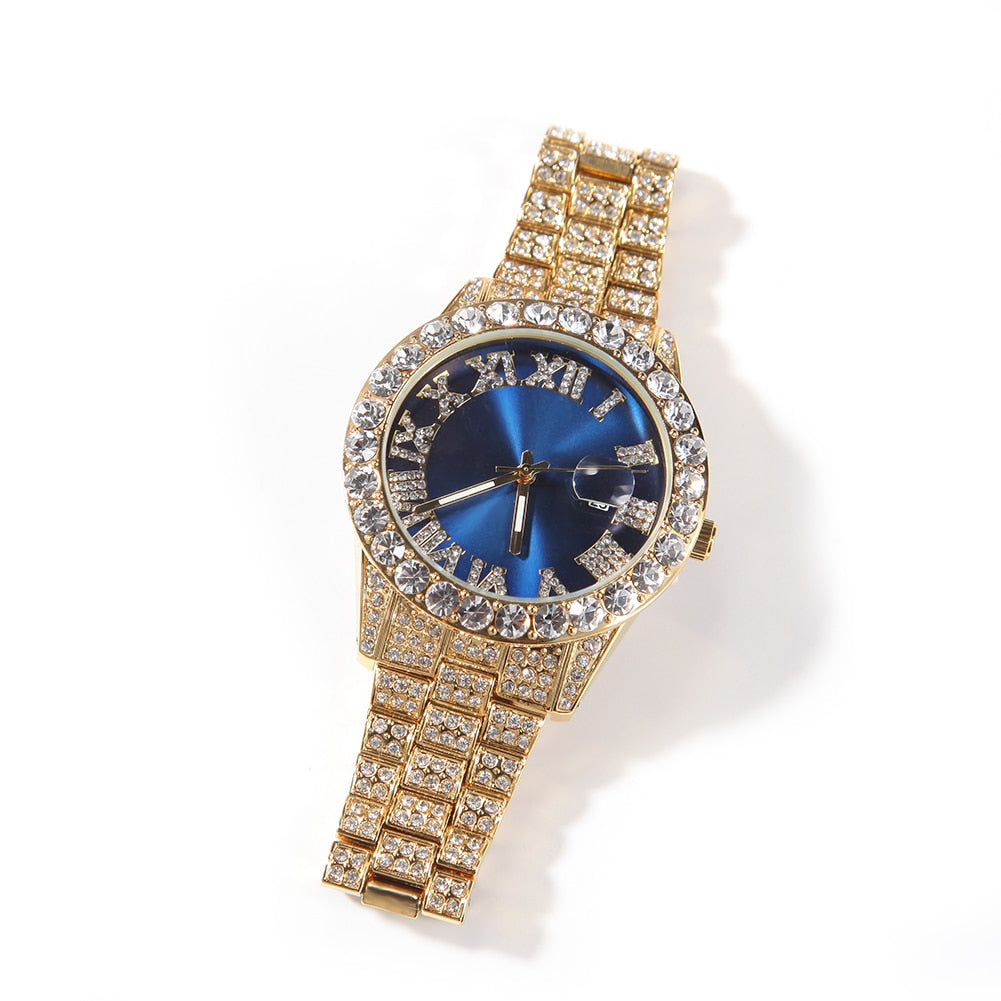 THE HIP HOP Big Dial Full Iced Out Colored Watches Stainless Steel  Rhinestones Quartz Wristwatches Business Watch