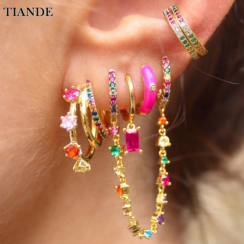 Colored Zircon Ear Stud Earrings for Women Gold Plated Piercing Hoop Drop Chain Dangle Earring Set 2023 Jewelry