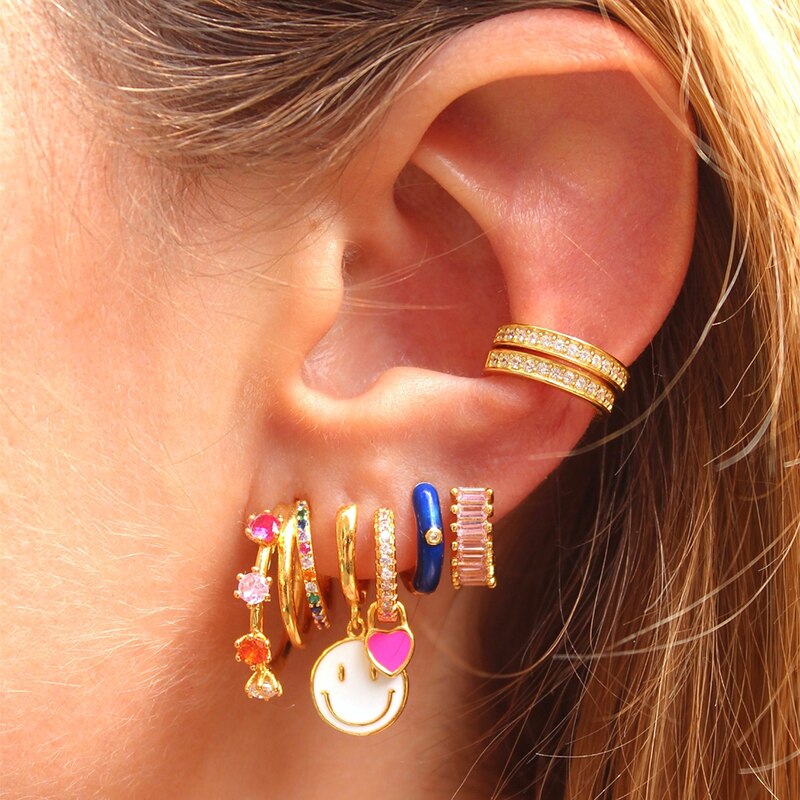 Colored Zircon Ear Stud Earrings for Women Gold Plated Piercing Hoop Drop Chain Dangle Earring Set 2023 Jewelry