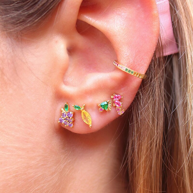 Colored Zircon Ear Stud Earrings for Women Gold Plated Piercing Hoop Drop Chain Dangle Earring Set 2023 Jewelry