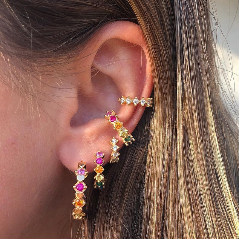 Colored Zircon Ear Stud Earrings for Women Gold Plated Piercing Hoop Drop Chain Dangle Earring Set 2023 Jewelry