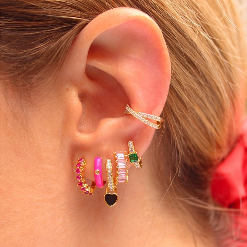 Colored Zircon Ear Stud Earrings for Women Gold Plated Piercing Hoop Drop Chain Dangle Earring Set 2023 Jewelry