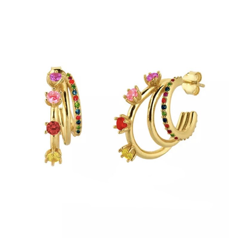 Colored Zircon Ear Stud Earrings for Women Gold Plated Piercing Hoop Drop Chain Dangle Earring Set 2023 Jewelry
