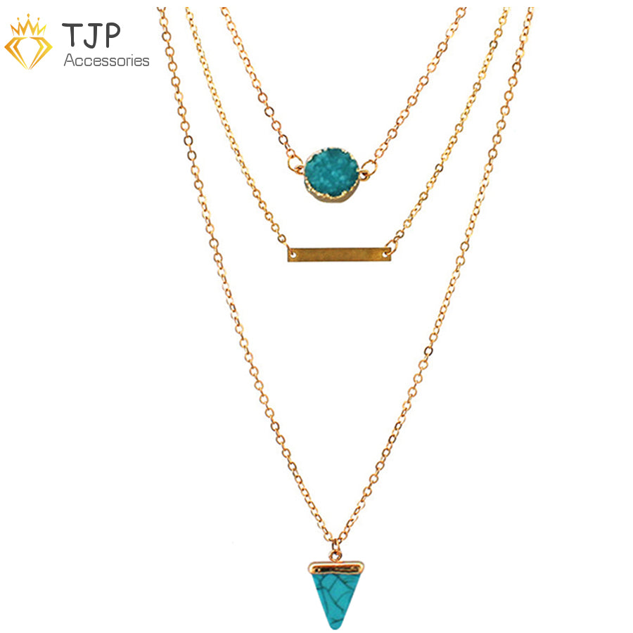 Fashion Bohemian Gold Color Chains Choker Necklace Triangle Turquoises Pendants Long Necklaces Women Jewelry Gift
